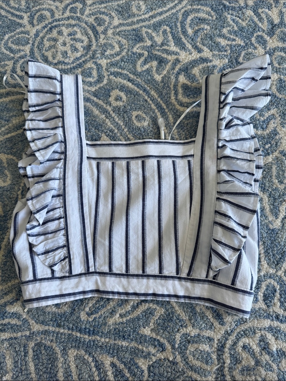 Endless Rose White & Navy Striped Ruffle Crop Top